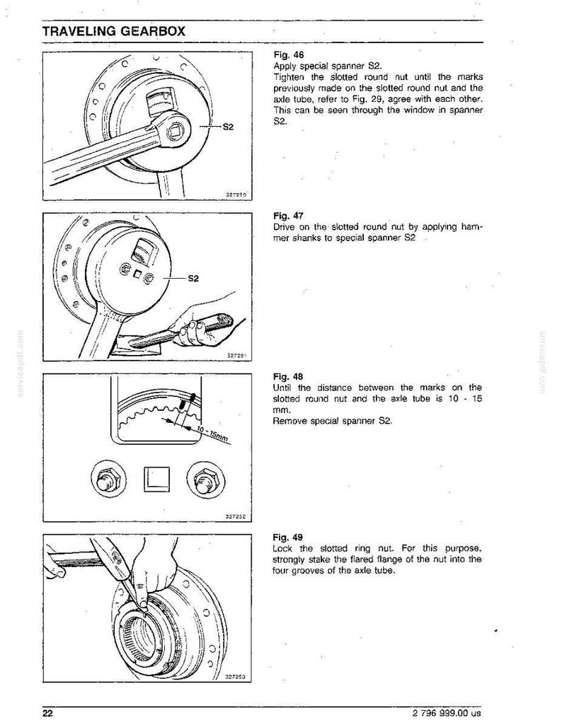 May include: Technical diagram from a manual showing steps for working on a traveling gearbox. The illustrations depict the use of tools like a special spanner and hammer. Measurements are provided in millimeters.
