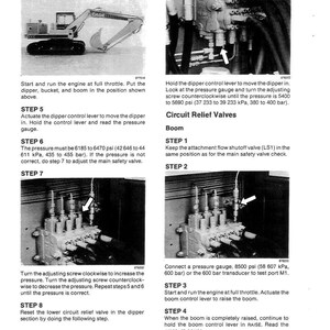 May include: A technical diagram with instructions for a CASE excavator. The diagram includes images of the excavator and its components, along with step-by-step instructions for maintenance and troubleshooting, including pressure gauge readings.