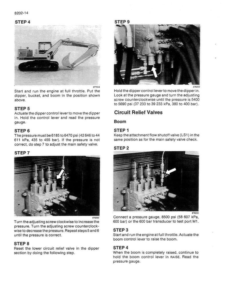 May include: A technical diagram with instructions for a CASE excavator. The diagram includes images of the excavator and its components, along with step-by-step instructions for maintenance and troubleshooting, including pressure gauge readings.