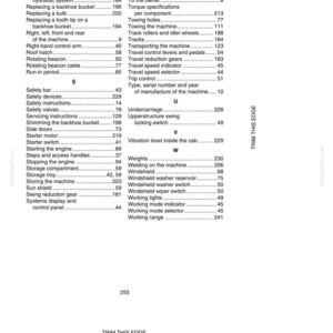 May include: An alphabetical index from a manual, with a list of terms and page numbers. The terms include "Safety bar", "Starter motor", "Windshield", and "Working lights". The text is black on a white background.