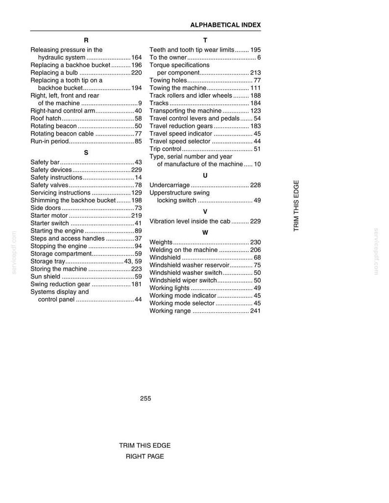 May include: An alphabetical index from a manual, with a list of terms and page numbers. The terms include "Safety bar", "Starter motor", "Windshield", and "Working lights". The text is black on a white background.