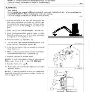 May include: Maintenance instructions for an air breather element, including safety warnings and step-by-step procedures. The image includes diagrams of the element and its components, with torque specifications in lb ft.