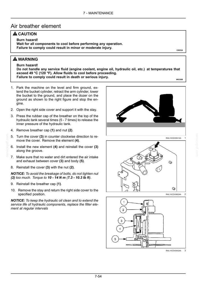 May include: Maintenance instructions for an air breather element, including safety warnings and step-by-step procedures. The image includes diagrams of the element and its components, with torque specifications in lb ft.