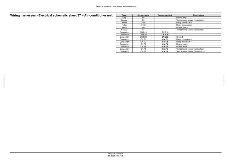May include: A detailed electrical schematic for an air-conditioner unit. The document includes a table with component types, connectors, and descriptions. Text includes "Wiring harnesses - Electrical schematic sheet 37 - Air-conditioner unit".