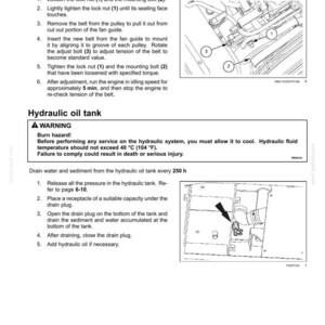 May include: Diagram of engine maintenance instructions. Text includes steps for replacing a belt and draining the hydraulic oil tank. Includes warnings about burn hazards and fluid temperature.