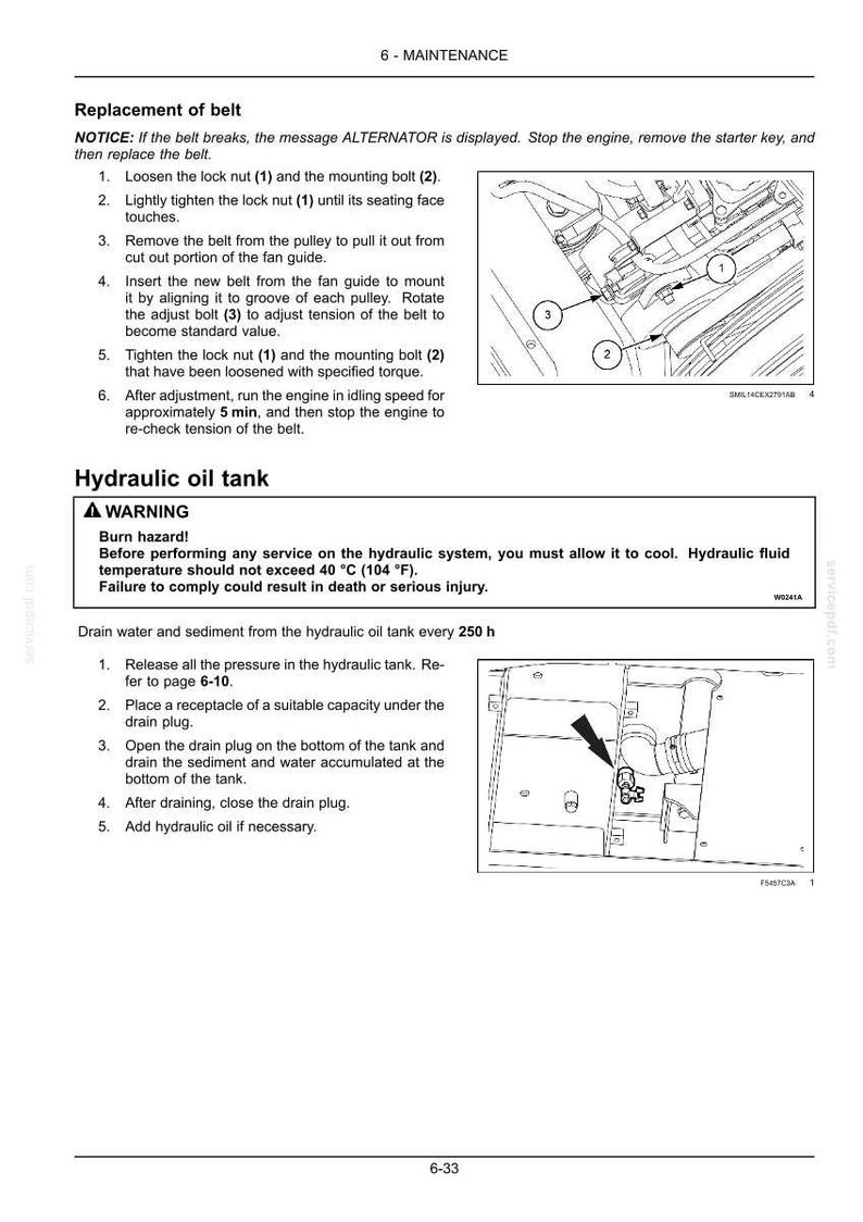 May include: Diagram of engine maintenance instructions. Text includes steps for replacing a belt and draining the hydraulic oil tank. Includes warnings about burn hazards and fluid temperature.