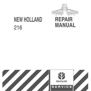 Puede incluir: Un manual de reparaci&oacute;n New Holland 216 blanco con texto negro y un dibujo lineal de un tractor con accesorios en la parte superior. La parte inferior presenta un patr&oacute;n de rayas diagonales en blanco y negro con el logotipo de New Holland Service y el c&oacute;digo 87049456 7/04.
