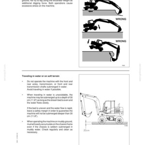 May include: Page from an operating manual with diagrams and text. The diagrams show an excavator in various positions, with "WRONG" labels. Text details instructions for digging and operating in water, including a depth limit of 30 cm (11.8 inches).