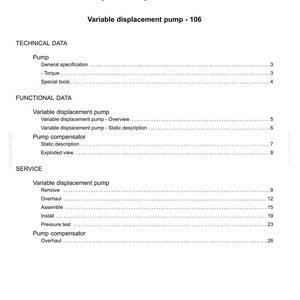 May include: A white document with the title "Contents" and the text "Hydraulic systems - 35" and "Variable displacement pump - 106". The document lists technical, functional, and service data for hydraulic systems.
