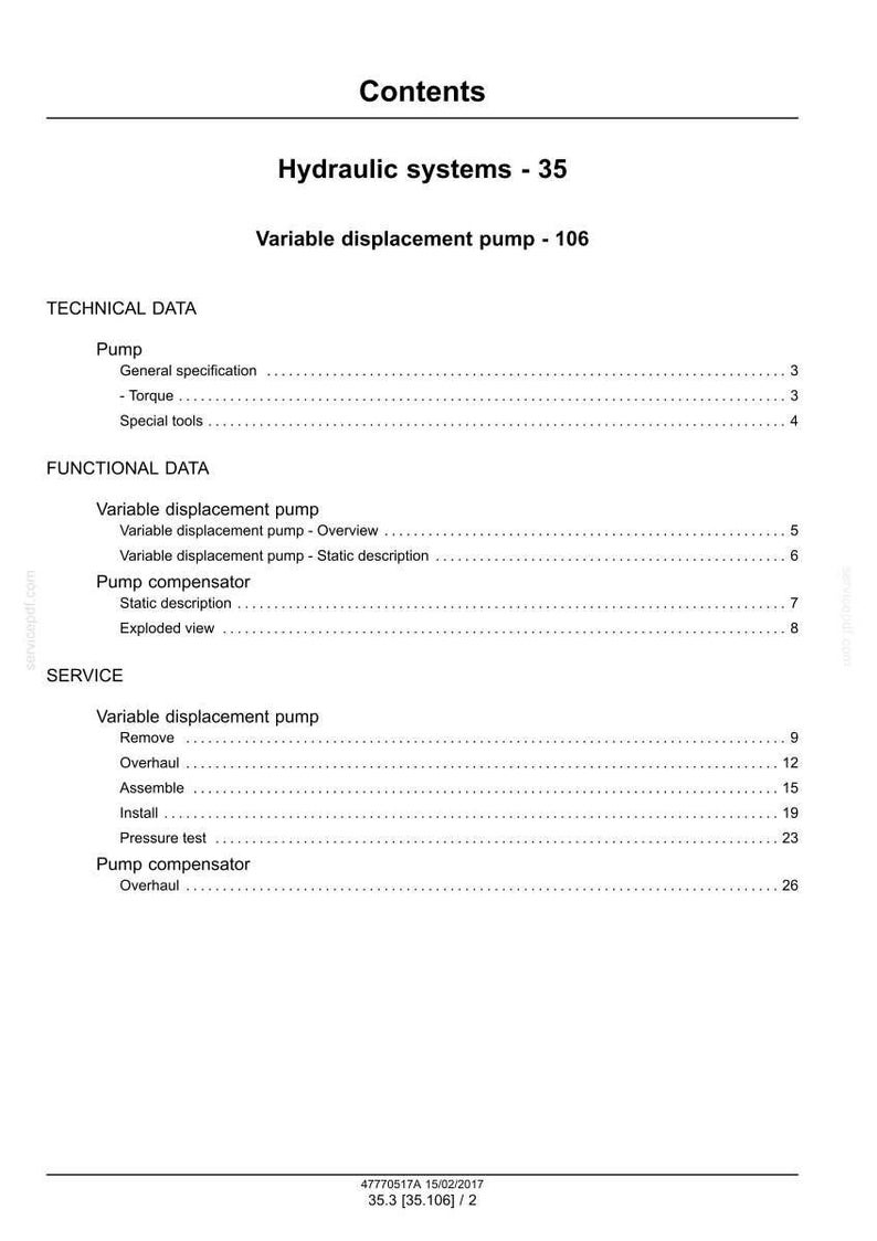 May include: A white document with the title "Contents" and the text "Hydraulic systems - 35" and "Variable displacement pump - 106". The document lists technical, functional, and service data for hydraulic systems.