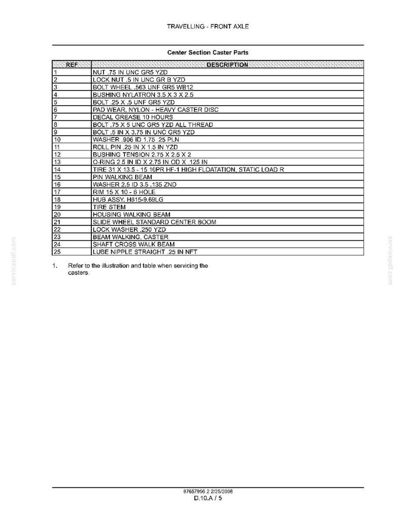 May include: A technical document titled TRAVELLING - FRONT AXLE containing a table of Center Section Caster Parts. The list includes 25 numbered items with descriptions such as NUT .75 IN UNC GR5 YZD, BOLT WHEEL .563 UNF GR5 WB12, and TIRE 31 X 13.5 - 15 10PR.