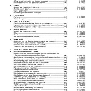 May include: A table of contents for CX460 Crawler Excavators, listing sections and reference numbers. The document includes sections on general information, engine, fuel system, electrical system, undercarriage, drive train, and hydraulics.