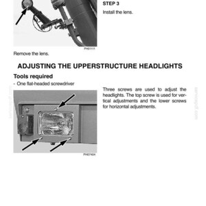 May include: Diagram of electrical system components, including dipper marker lights and headlights. Instructions detail bulb replacement and headlight adjustment using a flat-headed screwdriver. Text includes "ELECTRICAL SYSTEM" and "ADJUSTING THE UPPERSTRUCTURE HEADLIGHTS."