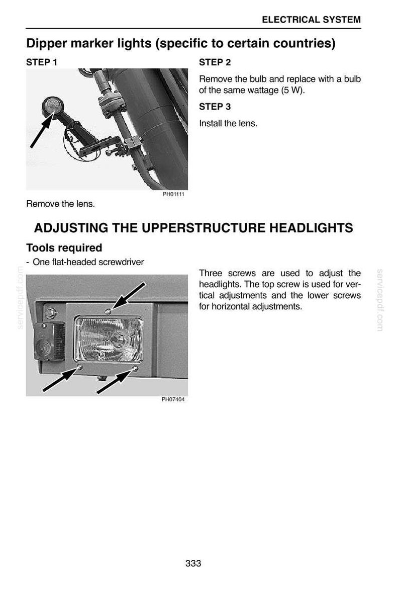 May include: Diagram of electrical system components, including dipper marker lights and headlights. Instructions detail bulb replacement and headlight adjustment using a flat-headed screwdriver. Text includes "ELECTRICAL SYSTEM" and "ADJUSTING THE UPPERSTRUCTURE HEADLIGHTS."