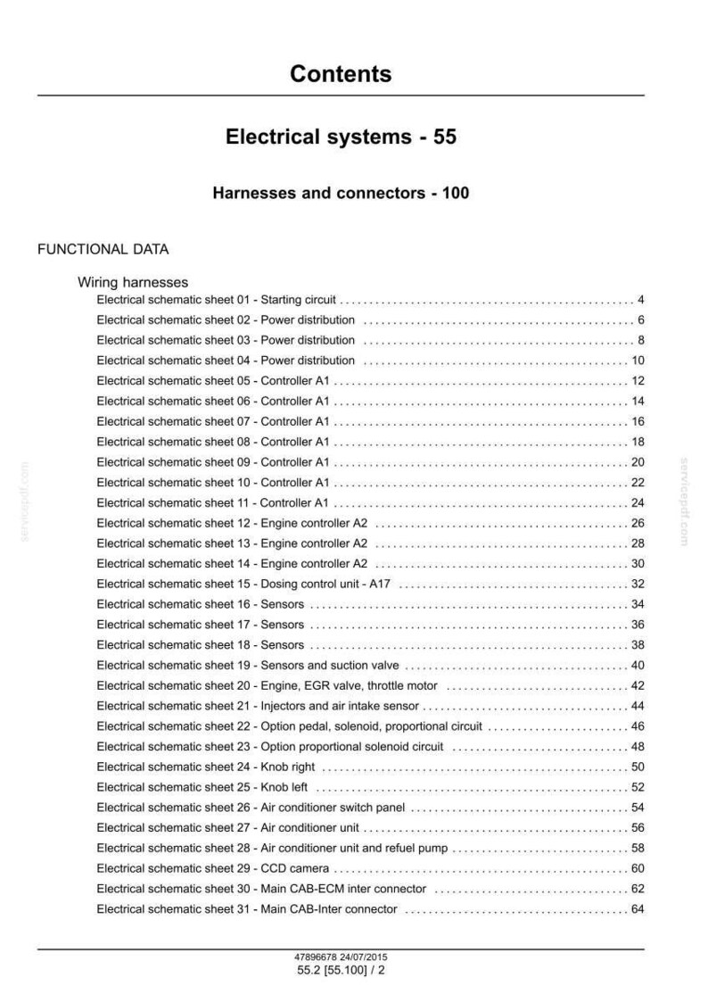May include: A detailed table of contents for electrical systems, harnesses, and connectors. The document includes a list of wiring harnesses and electrical schematic sheets, with page numbers for each section. The document is dated July 24, 2015.