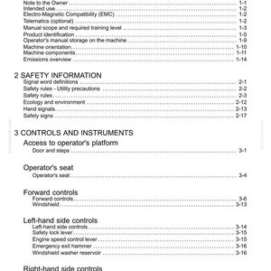 May include: A page from a manual titled "Contents" with a list of topics including General Information, Safety Information, and Controls and Instruments. The text is black on a white background.