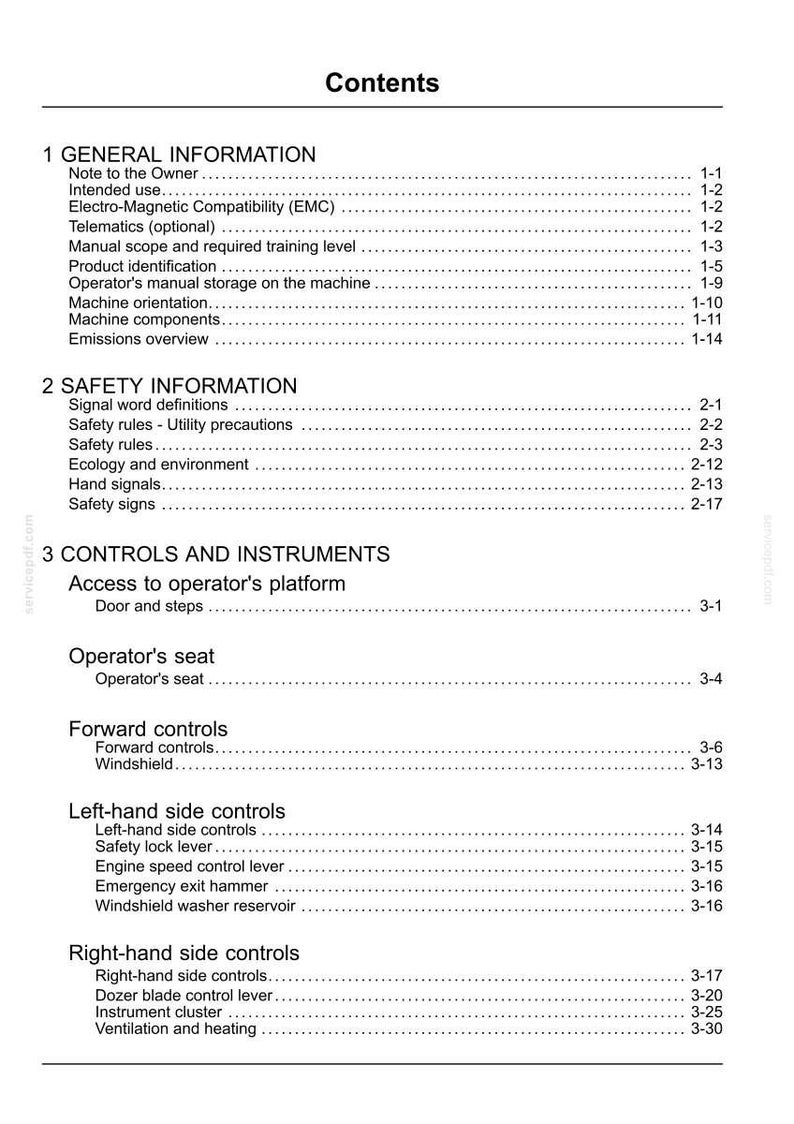 May include: A page from a manual titled "Contents" with a list of topics including General Information, Safety Information, and Controls and Instruments. The text is black on a white background.