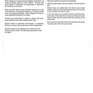 May include: A document page titled 2-SAFETY INFORMATION featuring Safety rules - Near utilities. The text provides instructions on utility safety, including warnings about buried cables, overhead power lines, and procedures for electrical contact.