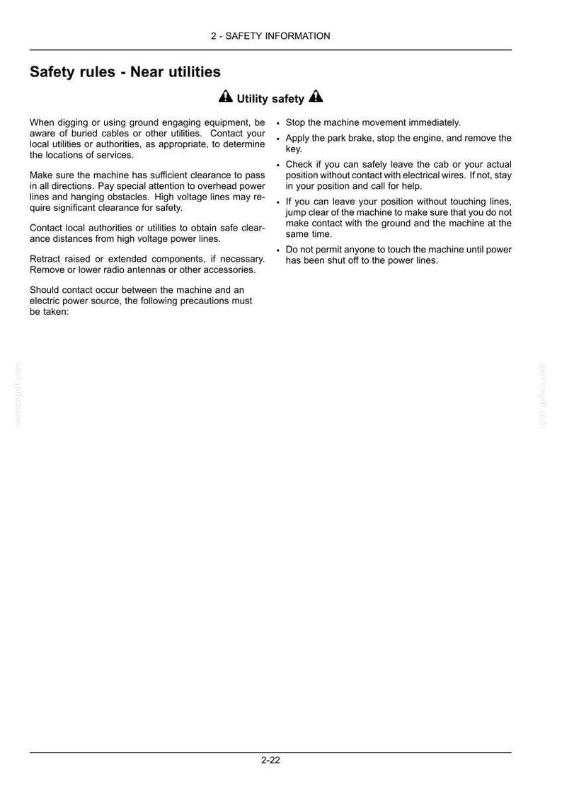 May include: A document page titled 2-SAFETY INFORMATION featuring Safety rules - Near utilities. The text provides instructions on utility safety, including warnings about buried cables, overhead power lines, and procedures for electrical contact.