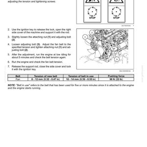 May include: A maintenance manual page with diagrams and instructions for checking and adjusting a machine's belt tension. Includes measurements in inches and pounds, along with safety warnings and diagrams.