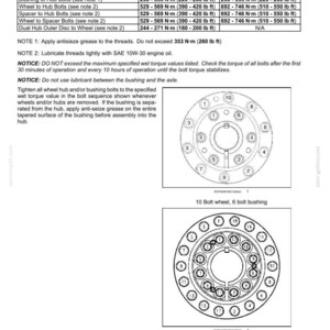 May include: A technical document page titled 6-WORKING OPERATIONS detailing wheel installation bolt torques for 10 and 18 bolt wheels. It includes two circular diagrams showing numbered bolt tightening sequences and specific torque values in N-m and lb ft.