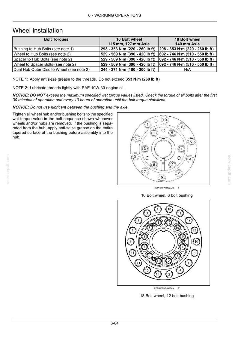 May include: A technical document page titled 6-WORKING OPERATIONS detailing wheel installation bolt torques for 10 and 18 bolt wheels. It includes two circular diagrams showing numbered bolt tightening sequences and specific torque values in N-m and lb ft.
