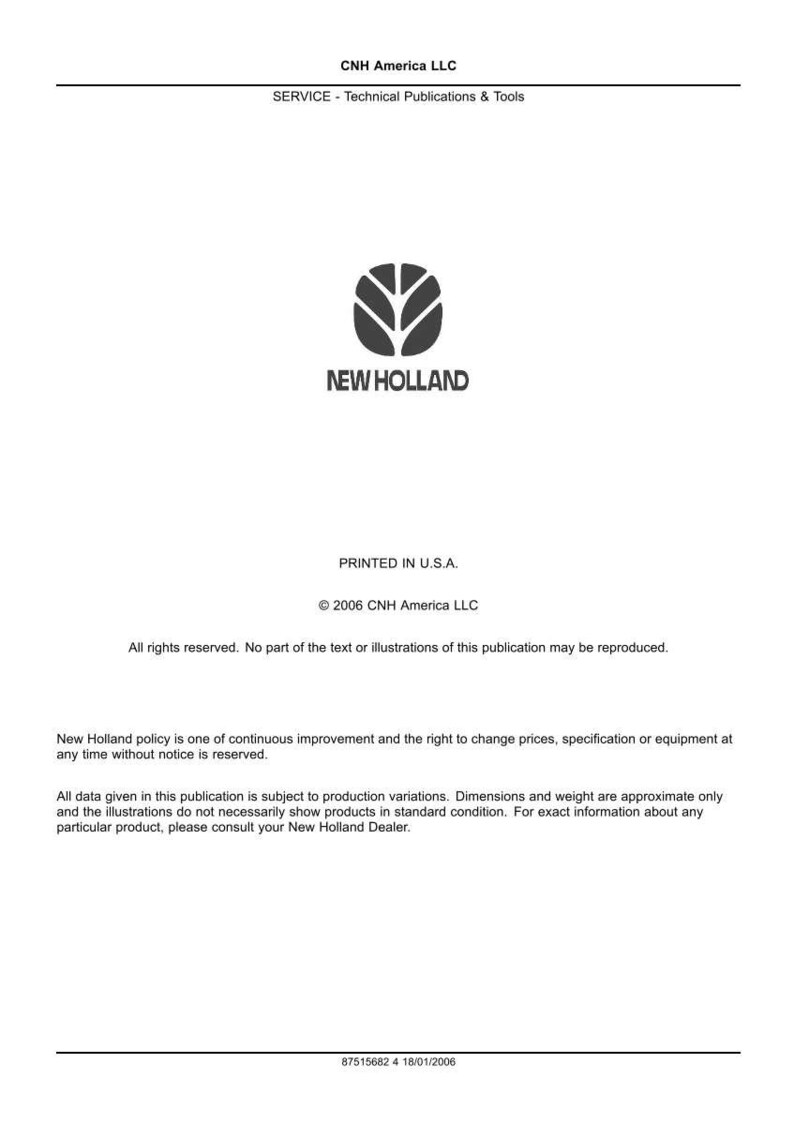 May include: A technical document cover page from CNH America LLC featuring the New Holland logo. The text includes 'SERVICE - Technical Publications & Tools', 'PRINTED IN U.S.A.', '2006 CNH America LLC', and legal disclaimers regarding publication rights.