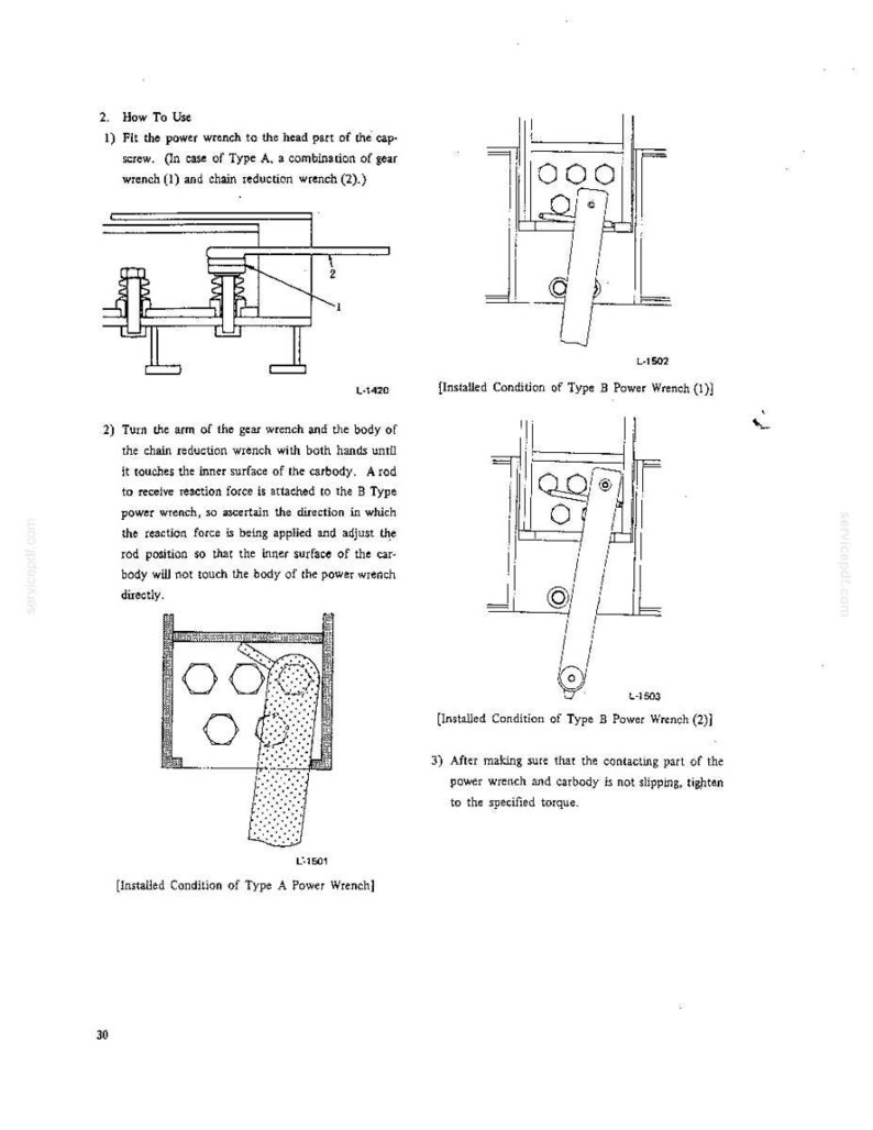 May include: A technical manual page featuring black and white line drawings illustrating the use of a power wrench on a cap screw. The diagrams show the installation of Type A and Type B wrenches, including gear and chain reduction tools.