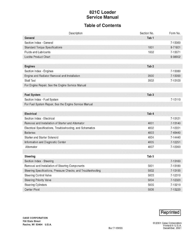 May include: A page from an 821C Loader Service Manual, featuring a table of contents. The document lists sections like General, Engines, Fuel System, Electrical, and Steering, with corresponding section and form numbers. The document is reprinted.