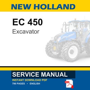 Op de afbeelding: Een servicehandleiding voor een New Holland EC 450 graafmachine. De cover toont de tekst "NEW HOLLAND" in blauw op een gele achtergrond, met de modelnaam en het woord "Excavator" eronder. De onderste sectie luidt "SERVICE MANUAL".
