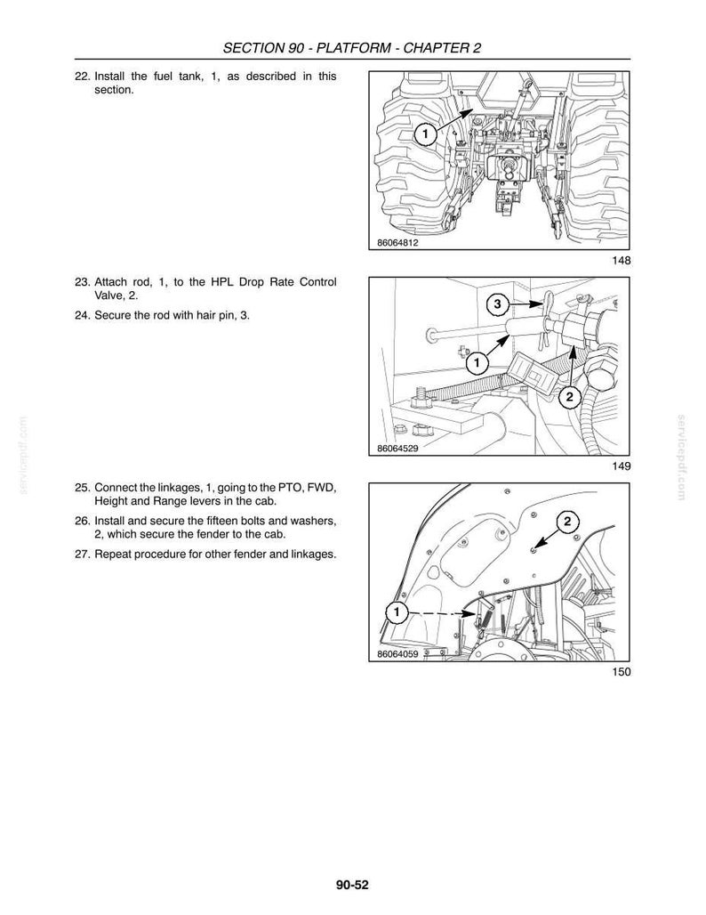 May include: Diagram from a manual showing tractor components and assembly instructions. The image includes detailed illustrations of parts, labeled with numbers, and accompanying text describing the installation steps.