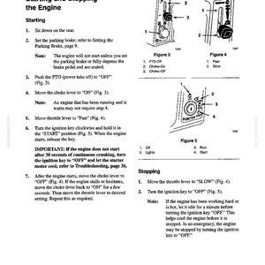 Pode incluir: Uma p&aacute;gina de manual t&eacute;cnico intitulada Starting and Stopping the Engine, com desenhos de linha a preto e branco rotulados como Figure 3, Figure 4 e Figure 5. Estes diagramas ilustram o funcionamento de uma tomada de for&ccedil;a, estrangulador, acelerador e interruptor de igni&ccedil;&atilde;o.