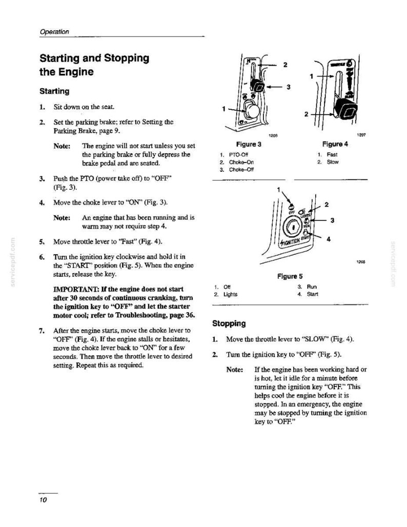 Pode incluir: Uma p&aacute;gina de manual t&eacute;cnico intitulada Starting and Stopping the Engine, com desenhos de linha a preto e branco rotulados como Figure 3, Figure 4 e Figure 5. Estes diagramas ilustram o funcionamento de uma tomada de for&ccedil;a, estrangulador, acelerador e interruptor de igni&ccedil;&atilde;o.