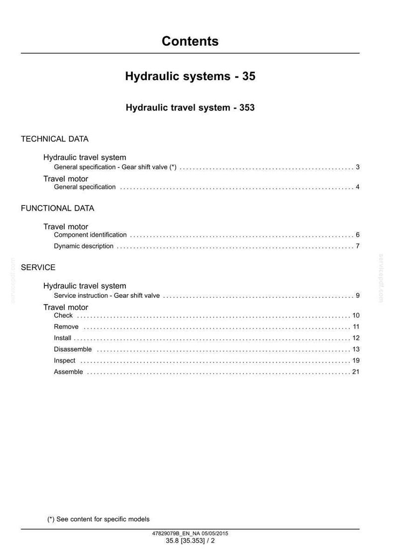 May include: A white document titled "Contents" with the headings "Hydraulic systems - 35" and "Hydraulic travel system - 353." The document lists technical, functional, and service data for hydraulic systems, including travel motors and gear shift valves.