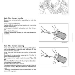 Pu&ograve; includere: Una pagina di manuale tecnico intitolata 7-MAINTENANCE che descrive l'elemento filtrante principale. Include disegni al tratto in bianco e nero che mostrano la rimozione del filtro, un controllo della luce per danni e le istruzioni per la pulizia.