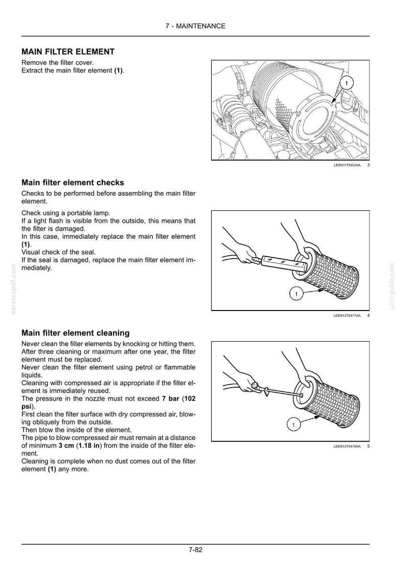 Pu&ograve; includere: Una pagina di manuale tecnico intitolata 7-MAINTENANCE che descrive l'elemento filtrante principale. Include disegni al tratto in bianco e nero che mostrano la rimozione del filtro, un controllo della luce per danni e le istruzioni per la pulizia.