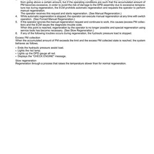 May include: A document titled "Electrical and Engine Basic Functions" with detailed technical information about engine regeneration processes. The text includes explanations of automatic and manual regeneration, and troubleshooting steps.
