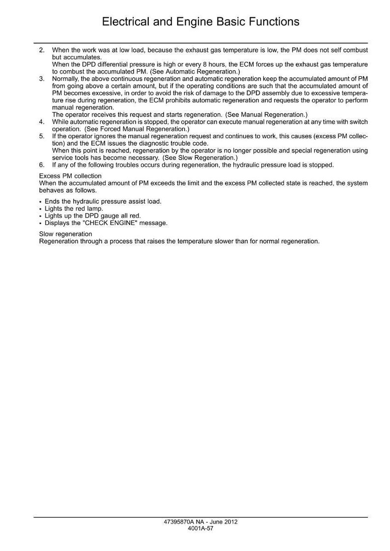 May include: A document titled "Electrical and Engine Basic Functions" with detailed technical information about engine regeneration processes. The text includes explanations of automatic and manual regeneration, and troubleshooting steps.