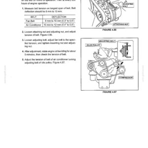 May include: A technical manual page titled Section IV - MAINTENANCE, detailing belt tensioner procedures for fan and air conditioner belts. It includes two diagrams, Figure 4.86 and Figure 4.87, showing adjusting bolts, nuts, and pulleys with text.