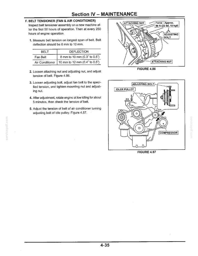 May include: A technical manual page titled Section IV - MAINTENANCE, detailing belt tensioner procedures for fan and air conditioner belts. It includes two diagrams, Figure 4.86 and Figure 4.87, showing adjusting bolts, nuts, and pulleys with text.