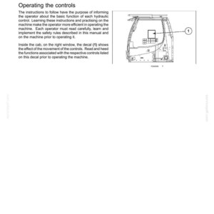 May include: A technical manual page titled 6 - WORKING OPERATIONS, GENERAL INFORMATION, featuring text instructions on operating hydraulic controls and a black and white line drawing of a machine cab interior with a decal labeled 1 on the window.