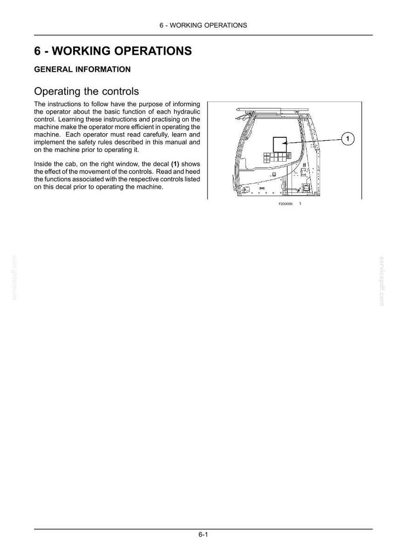 May include: A technical manual page titled 6 - WORKING OPERATIONS, GENERAL INFORMATION, featuring text instructions on operating hydraulic controls and a black and white line drawing of a machine cab interior with a decal labeled 1 on the window.