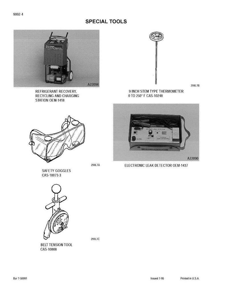 Puede incluir: P&aacute;gina de herramientas especiales, incluyendo una estaci&oacute;n de recuperaci&oacute;n de refrigerante, un term&oacute;metro de varilla de 22,86 cm, gafas de seguridad, un detector de fugas electr&oacute;nico y una herramienta tensora de correas. Ilustraciones en blanco y negro.