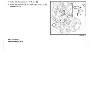 K&ouml;nnte beinhalten: Technische Zeichnung zur Installation eines Alternators mit nummerierten Komponenten und Anweisungen. Der Text lautet "Alternator - Installieren" und enth&auml;lt Schritte zum Einbau der Halterungen und zum Anziehen der Schrauben. Technisches Diagramm.