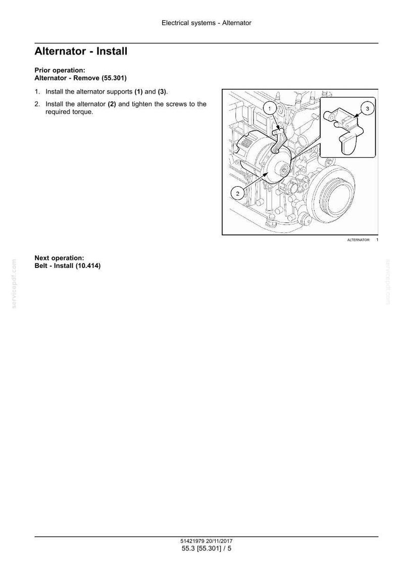 K&ouml;nnte beinhalten: Technische Zeichnung zur Installation eines Alternators mit nummerierten Komponenten und Anweisungen. Der Text lautet "Alternator - Installieren" und enth&auml;lt Schritte zum Einbau der Halterungen und zum Anziehen der Schrauben. Technisches Diagramm.