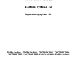 Puede incluir: Fondo blanco con el texto negro "CNH INDUSTRIAL" y una "i" roja en el logotipo. Debajo, el texto dice "Electrical systems - 55" y "Engine starting system - 201". En la parte inferior se enumeran varios c&oacute;digos de producto.