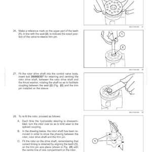 May include: Diagram of hydraulic control components for steering systems. The image shows detailed steps for assembly, including fitting washers, marking teeth, and installing rotor drive shafts. Text and arrows guide the process.