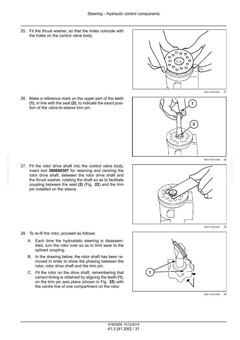 May include: Diagram of hydraulic control components for steering systems. The image shows detailed steps for assembly, including fitting washers, marking teeth, and installing rotor drive shafts. Text and arrows guide the process.