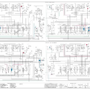 May include: A detailed technical diagram with multiple sections, featuring intricate lines, symbols, and text. The diagram is primarily black and white with accents of red, blue, and green, likely representing an electrical or mechanical schematic.