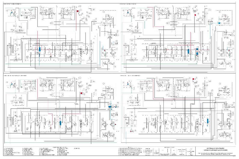 May include: A detailed technical diagram with multiple sections, featuring intricate lines, symbols, and text. The diagram is primarily black and white with accents of red, blue, and green, likely representing an electrical or mechanical schematic.